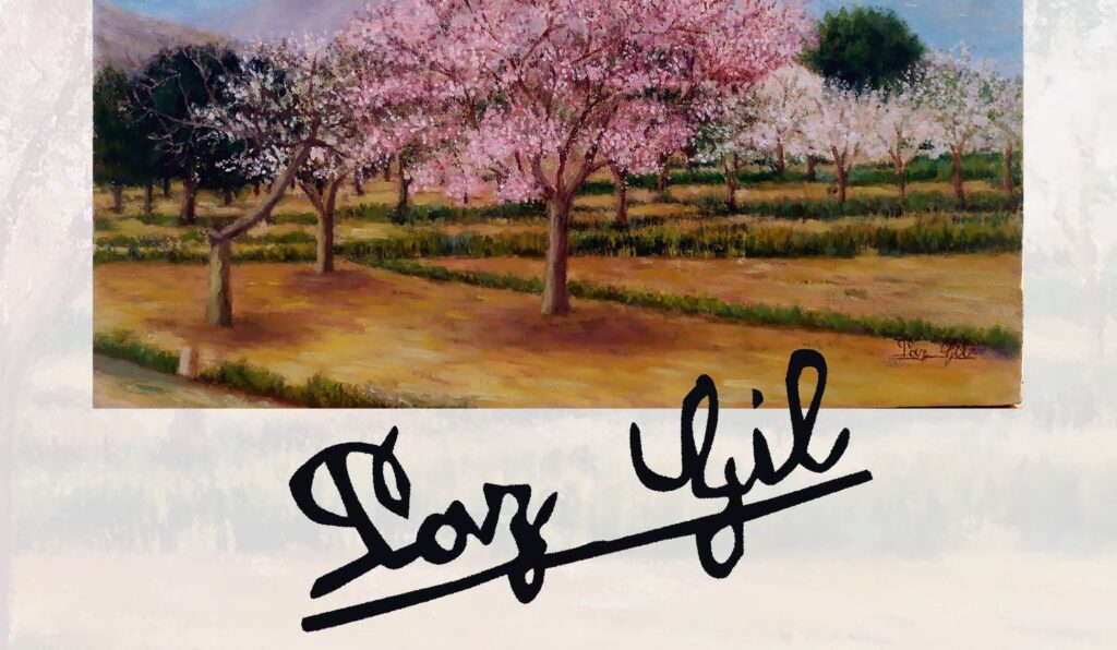 Detalle del cartel anunciador de la exposición de Paz Gil. Campo de almendros.