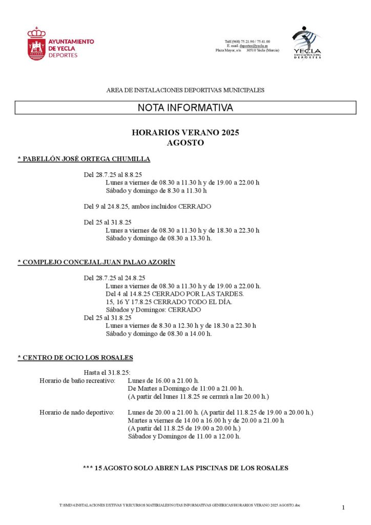 Instalaciones deportivas agosto 2025