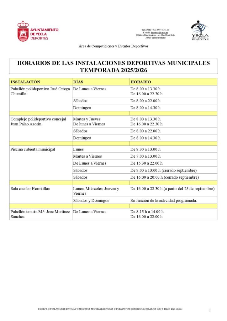 HORARIOS IDM´S TEMP. 2025-26