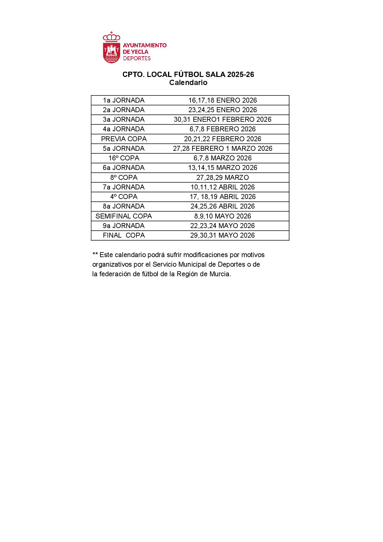 CALENDARIO FUTBOL SALA 2526
